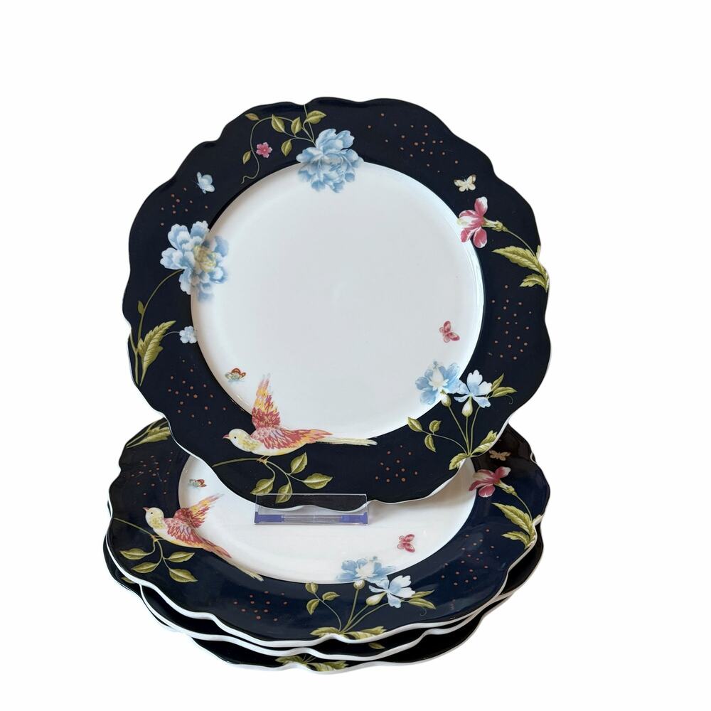 4pc Laura Ashley Heritage Collectables Floral Bird 9.5" Plates Midnight Blue NEW